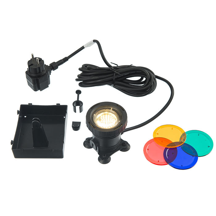 AQUALIGHT 60 LED - spot aquatique, 4 disques de couleurs par lampe, transfo 230VAC/12V, MR16 60 SMD blanc chaud - Lumen 330, EEK A+, 2,5w